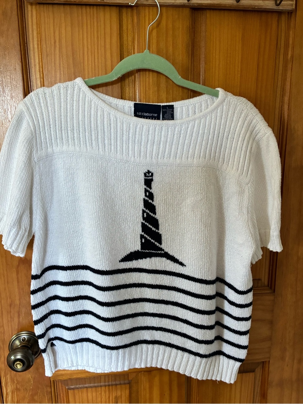 Liz Claiborne White & Navy Striped Knit Top with Lighthouse Motif. Vintage.